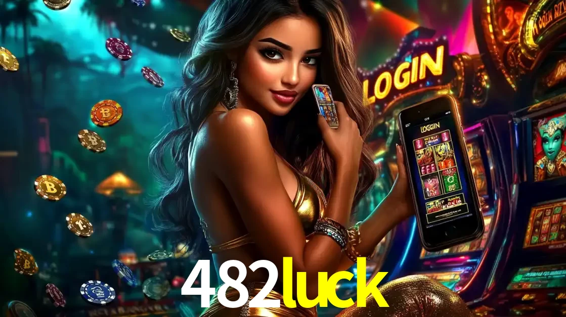 Mulher em um cenário de cassino temático de aventura, mostrando o app de caça-níqueis da 482luck no celular. Fichas de apostas flutuam ao redor.