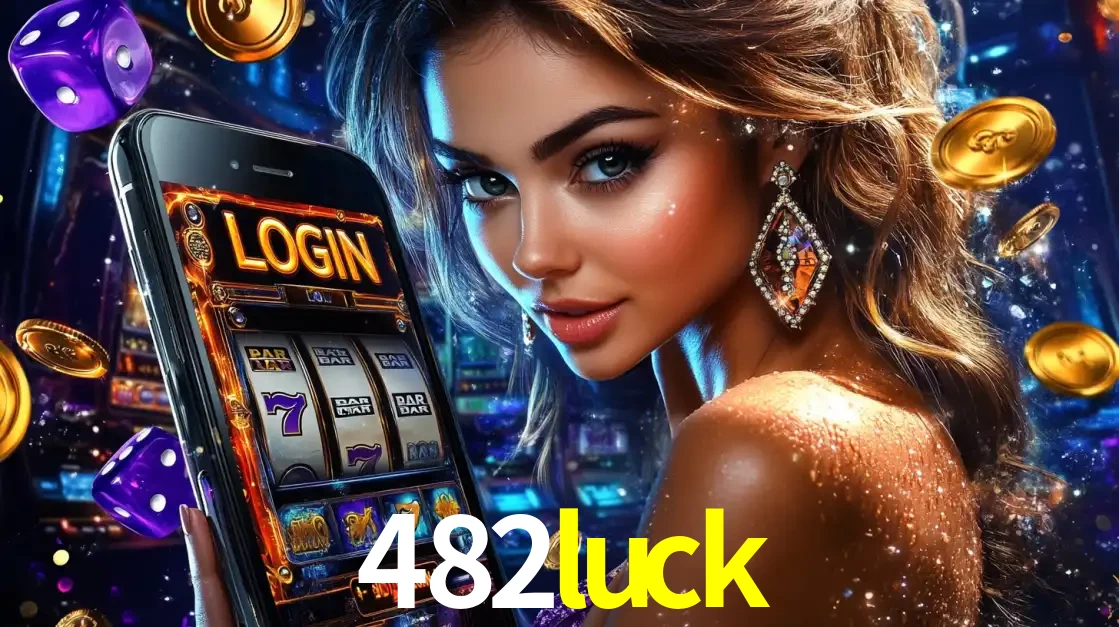 Mulher glamorosa segurando um smartphone com a tela de login para os jogos de caça-níqueis do cassino online 482luck, com moedas de ouro e dados ao redor.