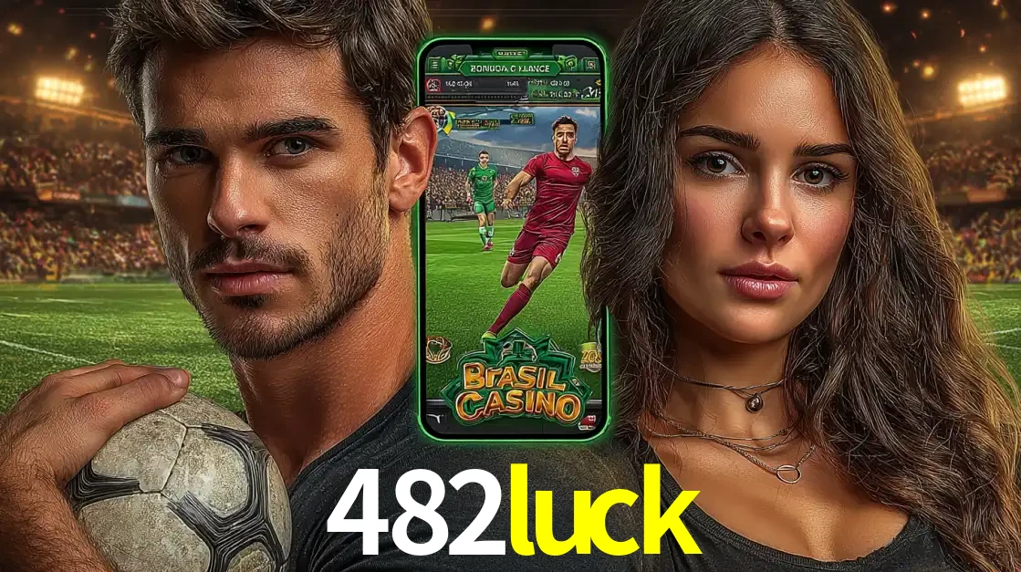Homem segurando uma bola de futebol e uma mulher ao lado de um smartphone exibindo o jogo de apostas esportivas da 482luck. Faça seu palpite no cassino online.
